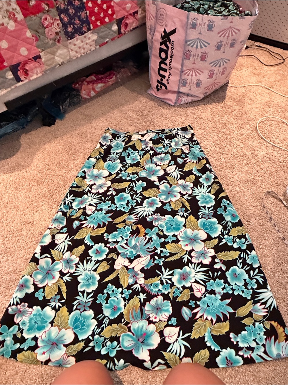 Sag Harbor Black Maxi Skirt with Aqua and Olive Floral